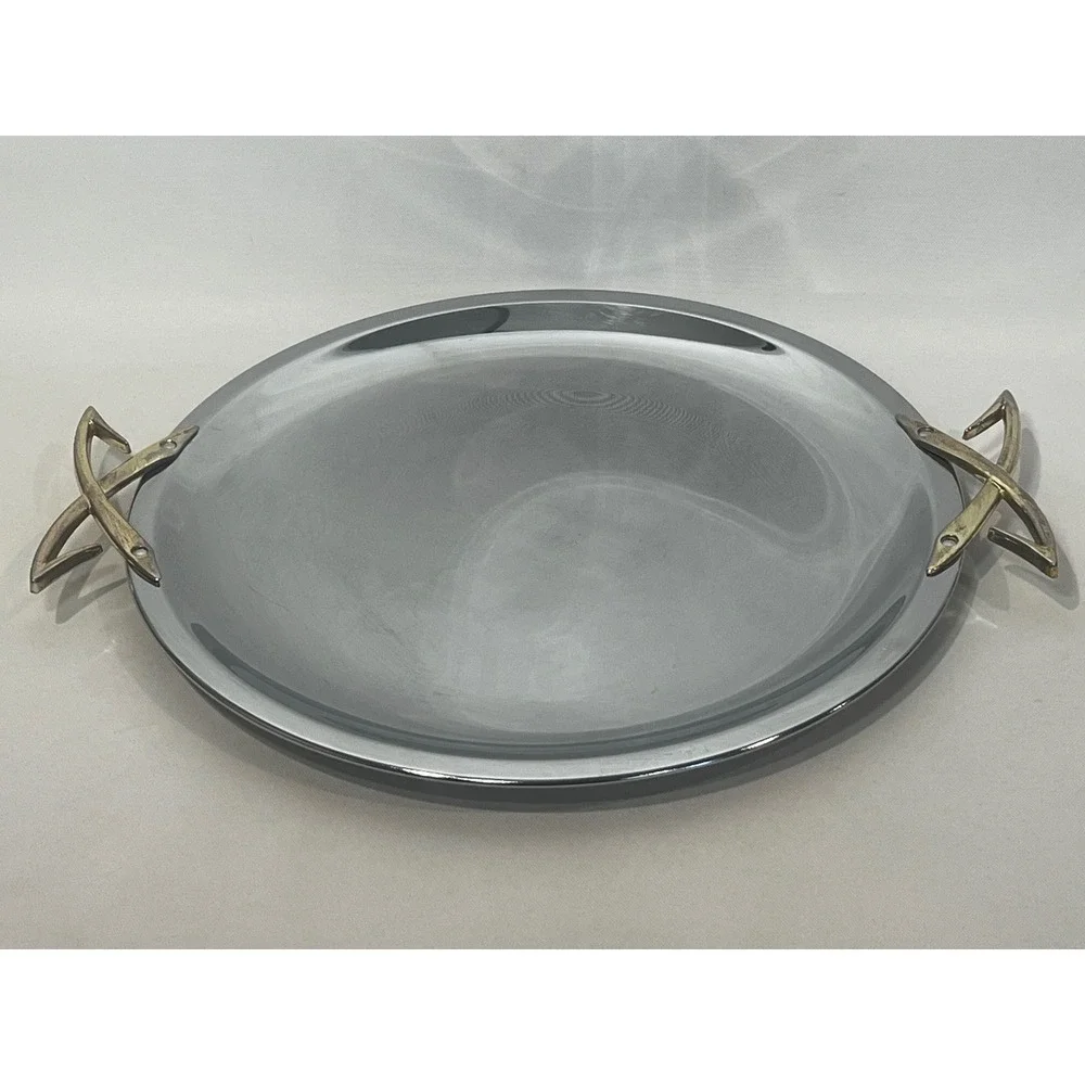 Kromex Serving Tray Silver Chrome Gold Atomic X Handles Mid Century Vintage MCM‎